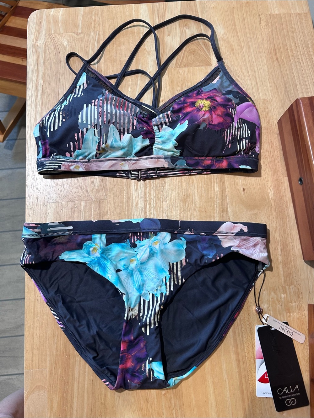 CALIA by Carrie Underwood Black Bikini Set with Teal and Purple Floral Print